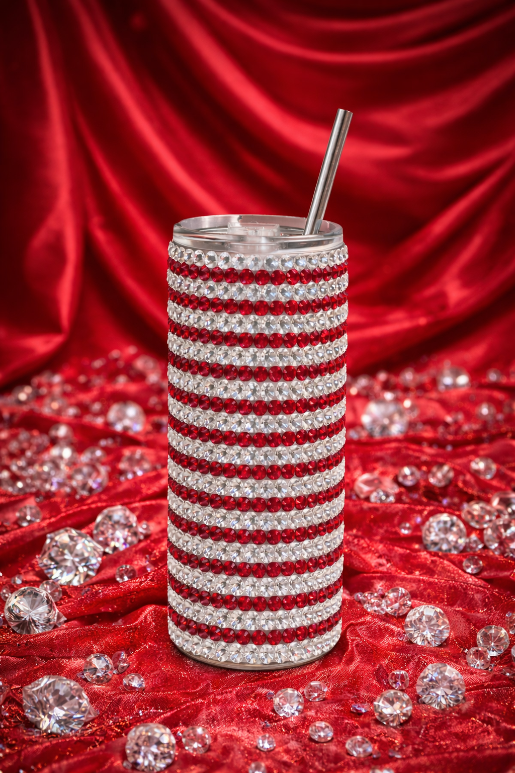 Platinum / Lipstick Red - Handcrafted Rhinestone Stainless Steel Tumbler