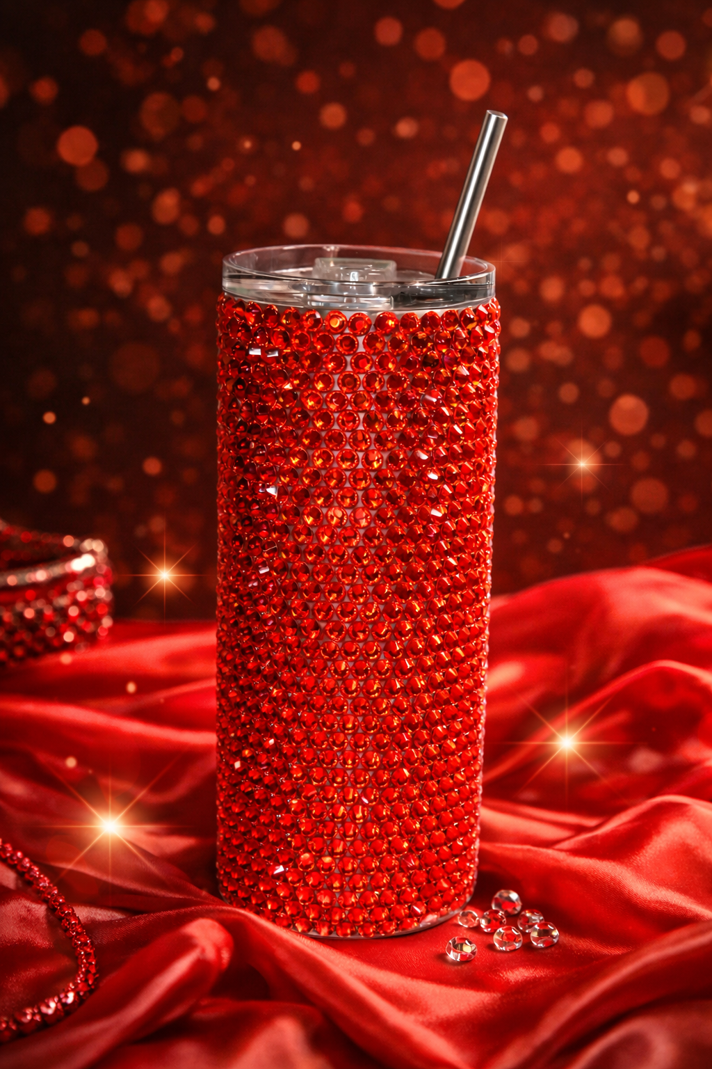 Lipstick Red - Handcrafted Rhinestone Stainless Steel Tumbler